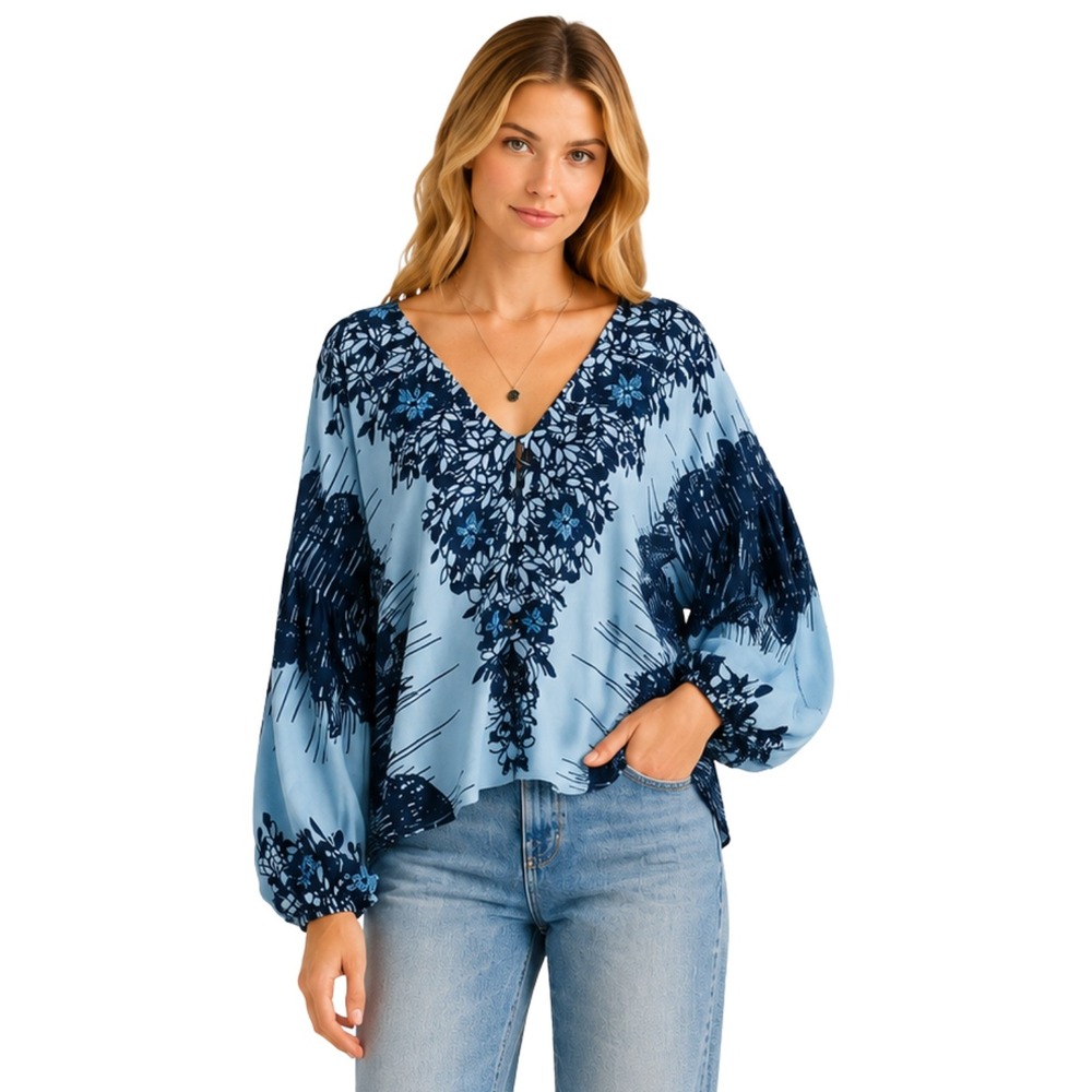 Free People Top‎ XS Blue Birds of a Feather Floral Balloon Sleeve Boho Oversized